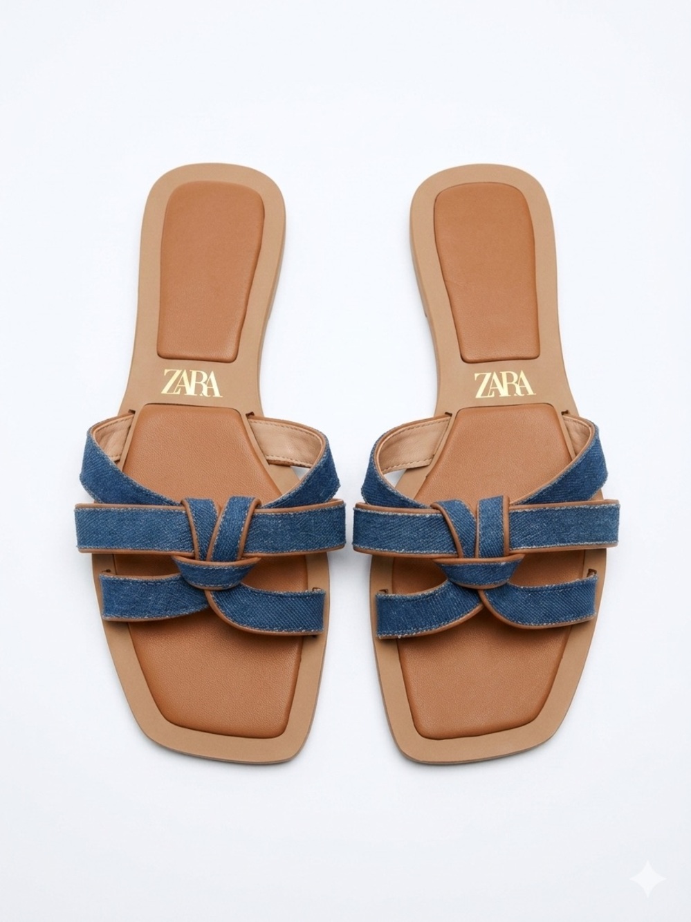 Zara Tan Footbed Denim Knot Slide Sandals